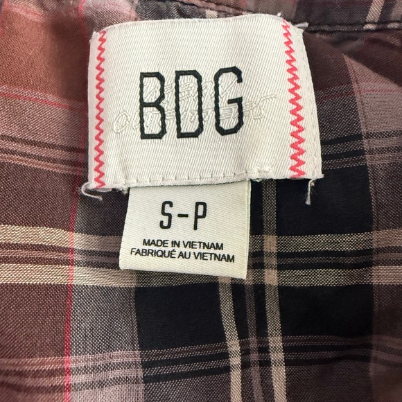 BDG Max Plaid Mini Dress Ruffled Skirt Button Front Short Sleeve Burgundy Size S - Picture 6 of 9